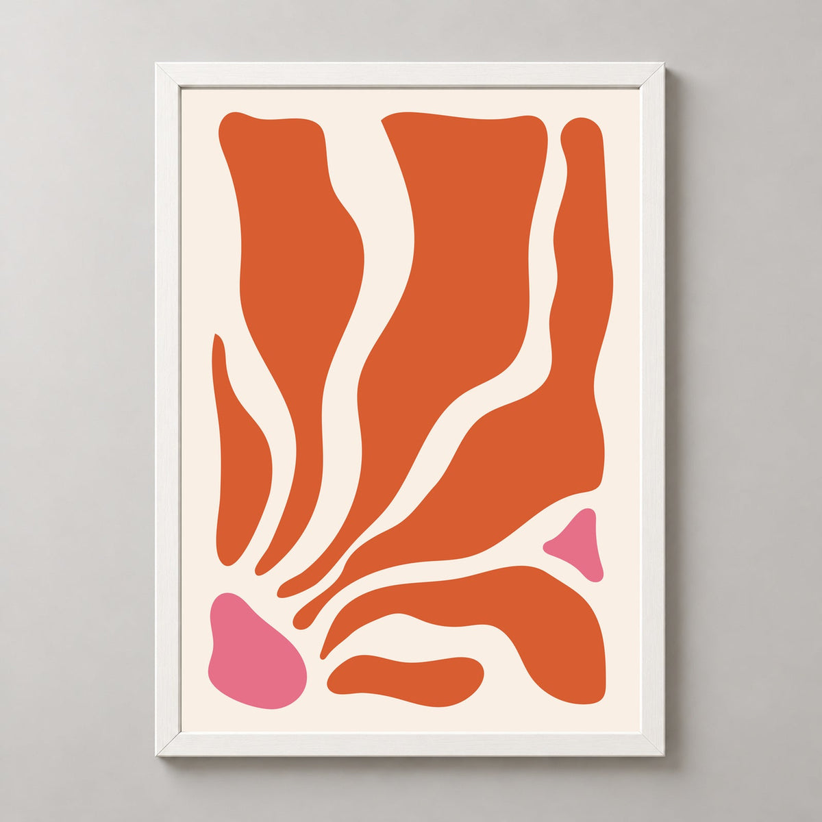 Abstract Orange and Pink Minimalist Art Print — realistic white frame studio view