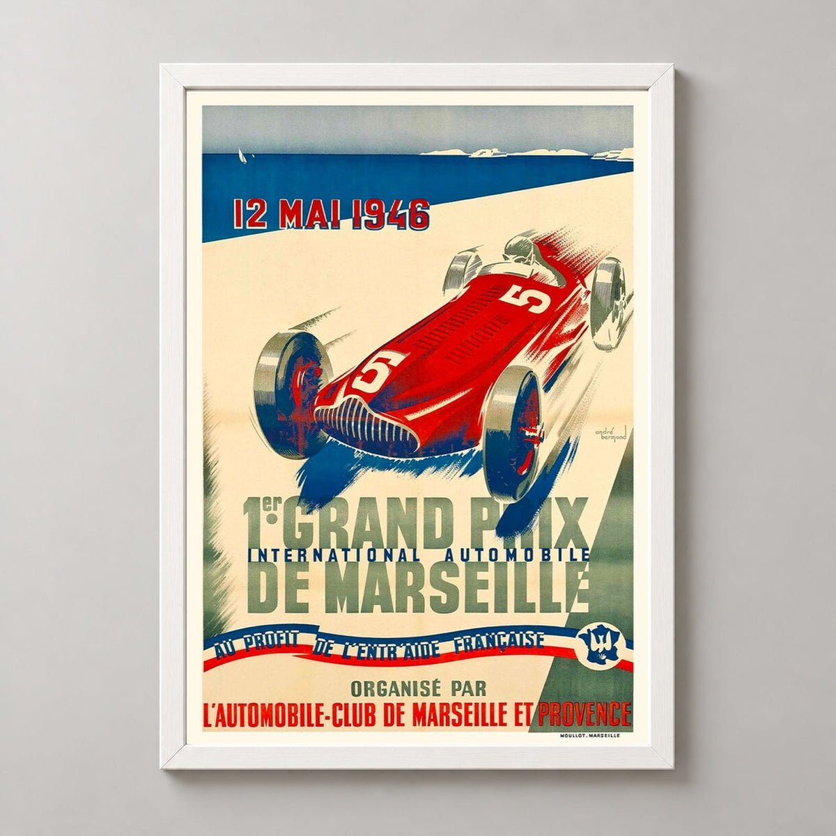 1er Grand Prix de Marseille 1946 - Vintage Racing Poster Art by André Bermond — realistic white frame studio view
