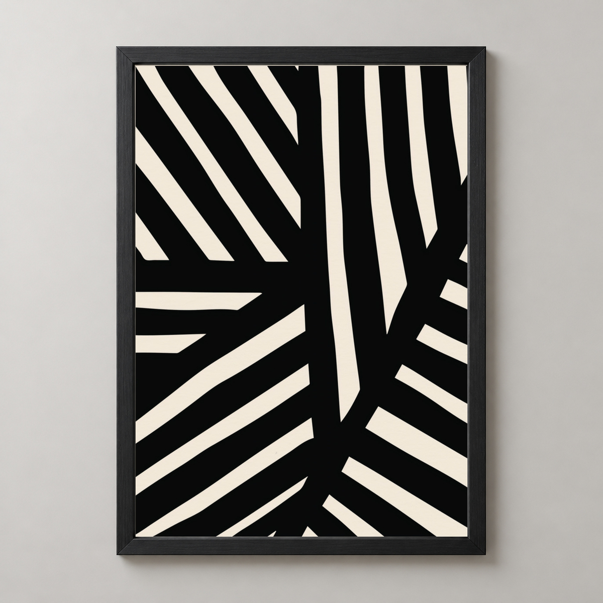 Bold Black and White Abstract Art Print — realistic black frame studio view