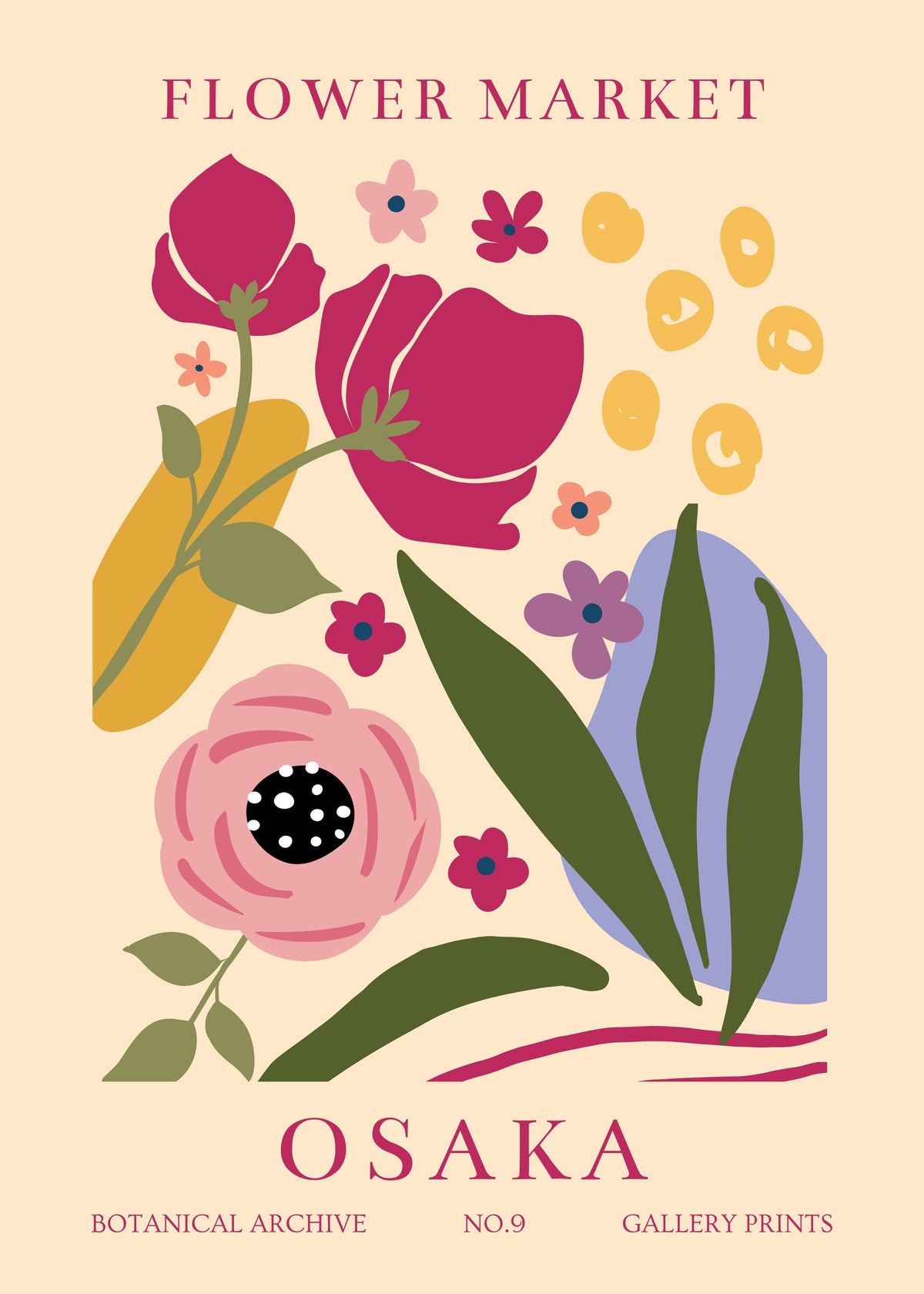 Flower Market Osaka Wall Art Print - Vibrant Botanical Illustration — poster only, complete unframed artwork