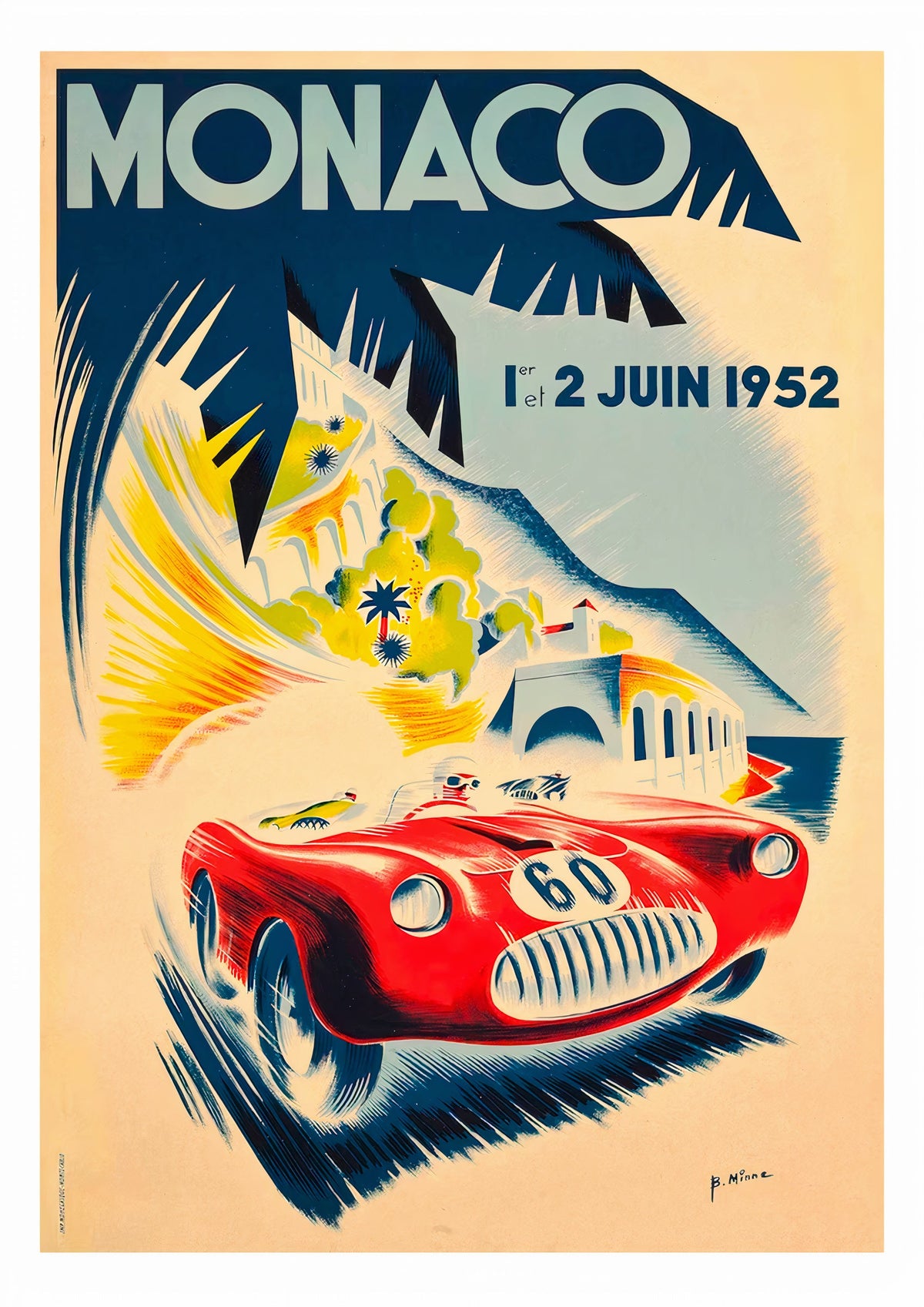 Monaco Grand Prix 1952 Poster by Bernard Minne — poster only, complete unframed artwork