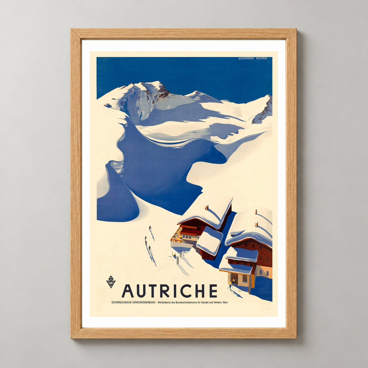 Austria Autriche Vintage Ski Poster — realistic natural wood frame studio view