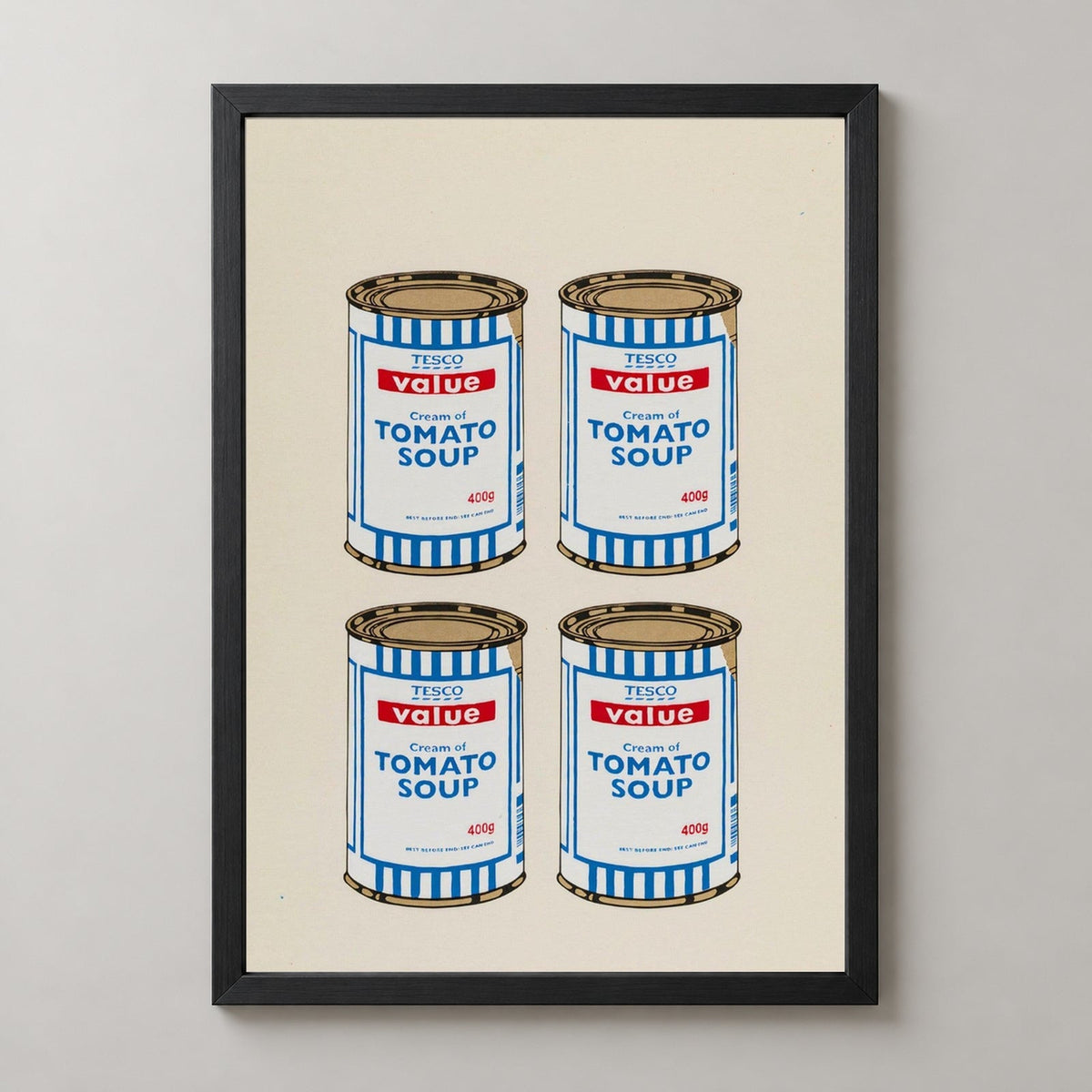 Banksy Four Soup Cans - Gold on Cream, 2005 — realistic black frame studio view