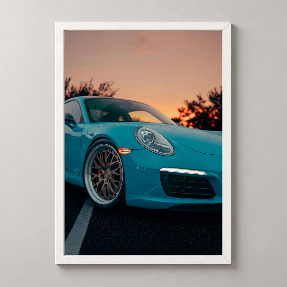 Blue Sports Car at Sunset - Modern Automotive Art Print — realistic white frame studio view