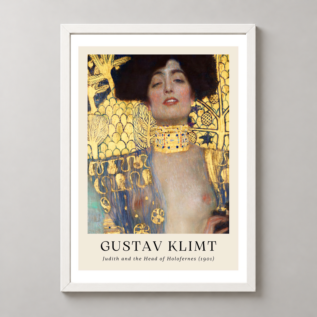 Gustav Klimt's Judith and the Head of Holofernes - Iconic Art Nouveau Print — realistic white frame studio view