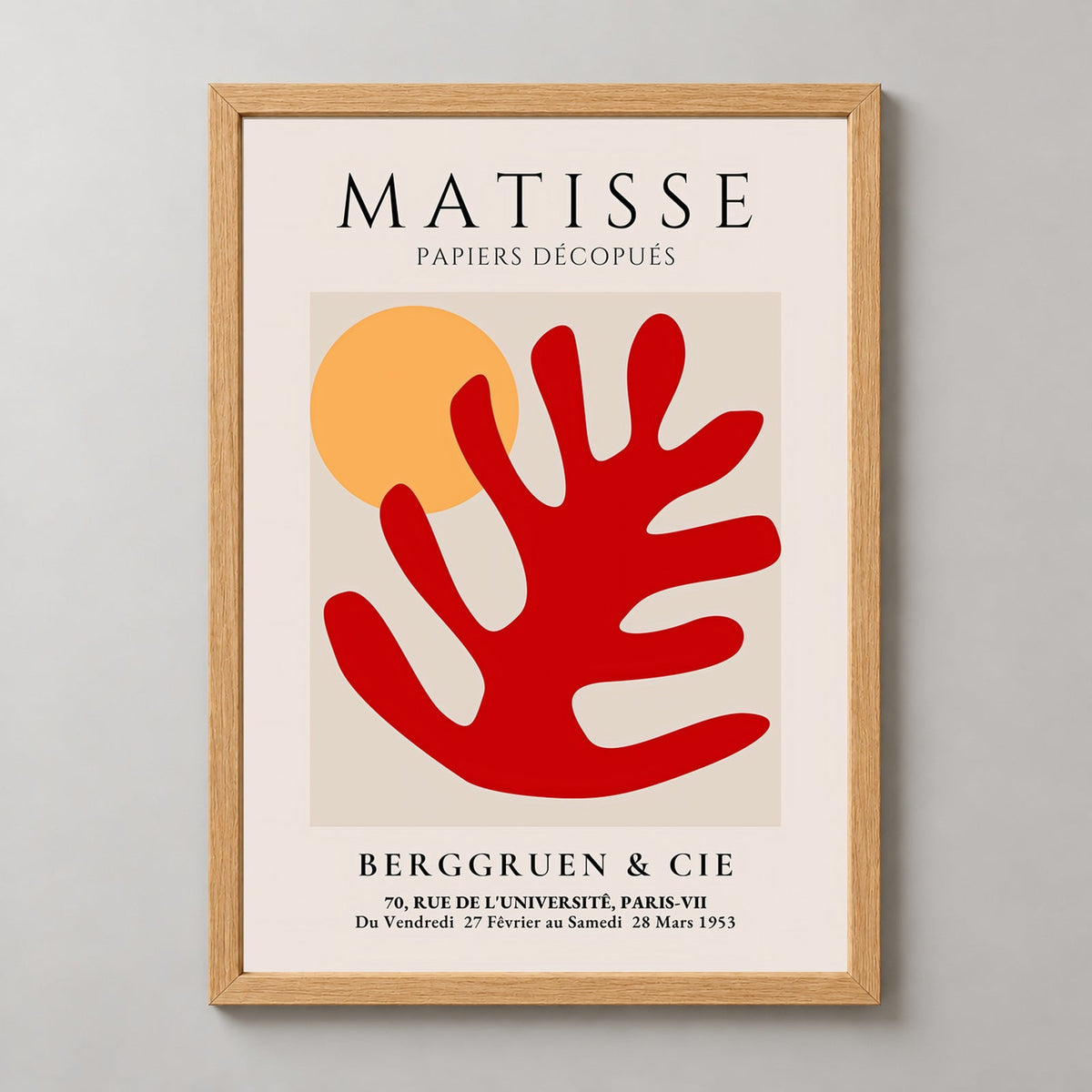 Henri Matisse Red Leaf Exhibition Print at Berggruen & Cie — realistic natural wood frame studio view