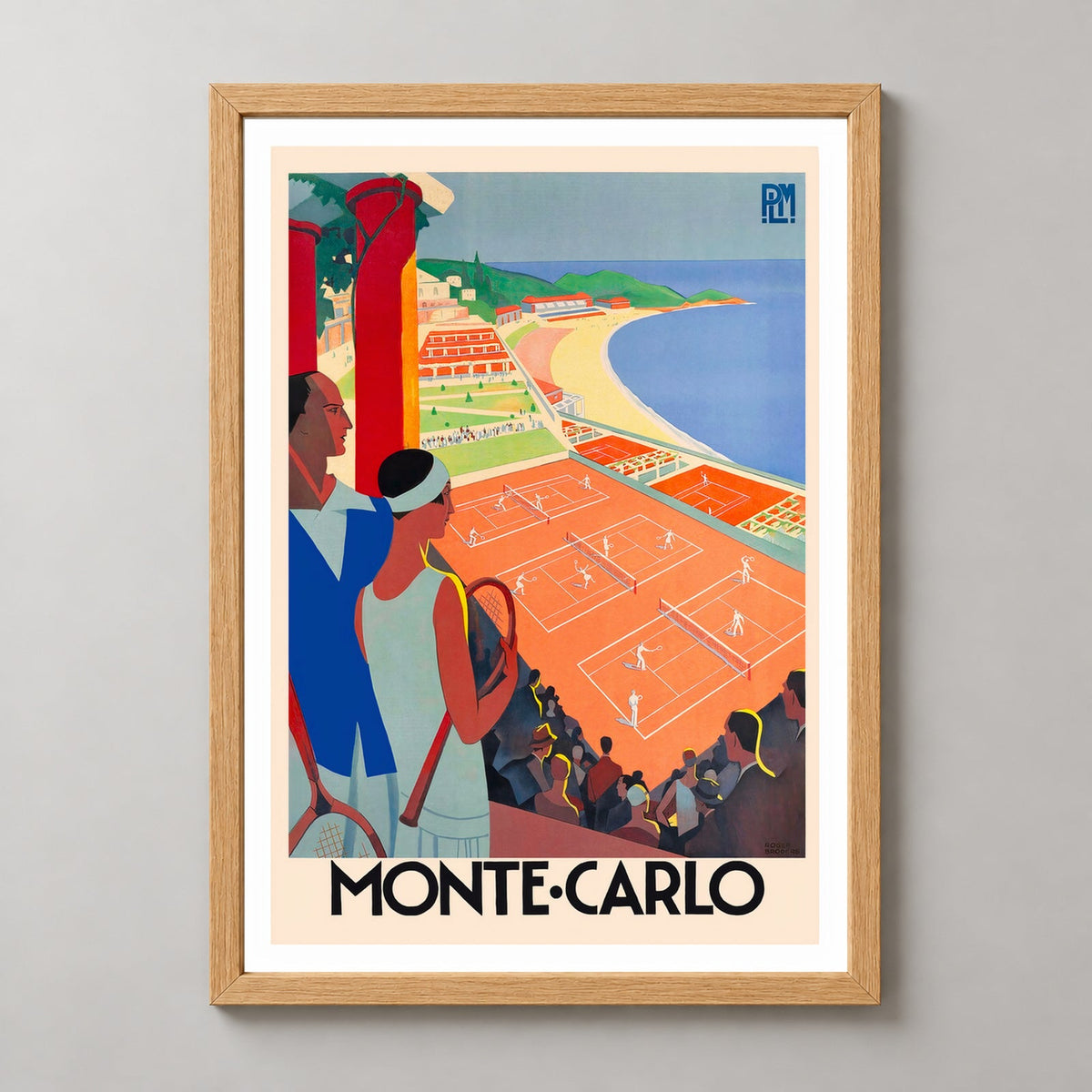 Monte Carlo Tennis Vintage Travel Poster - Framed/Unframed — realistic natural wood frame studio view