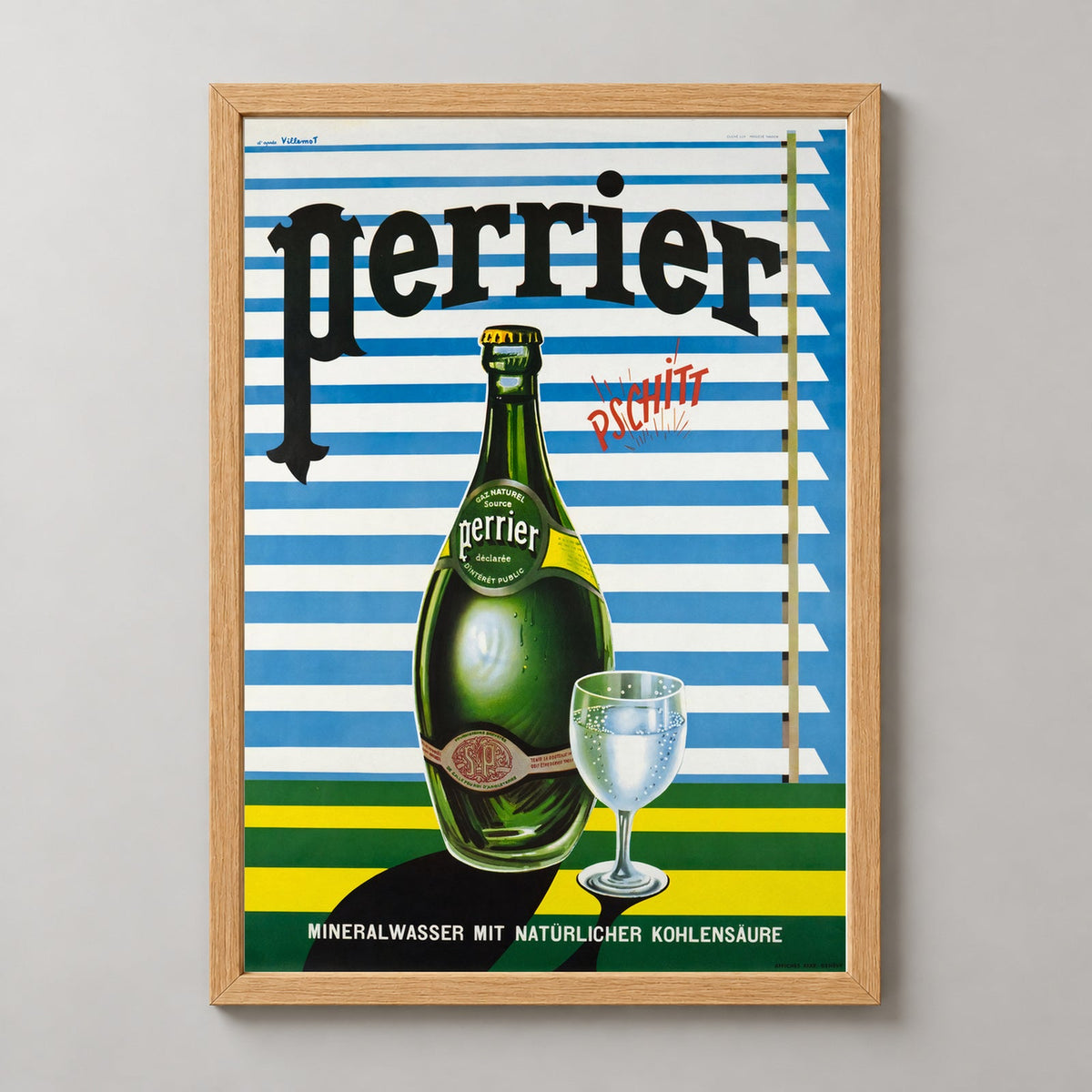 Perrier Blinds Vintage Advertising Poster 1956 - Framed/Unframed — realistic natural wood frame studio view