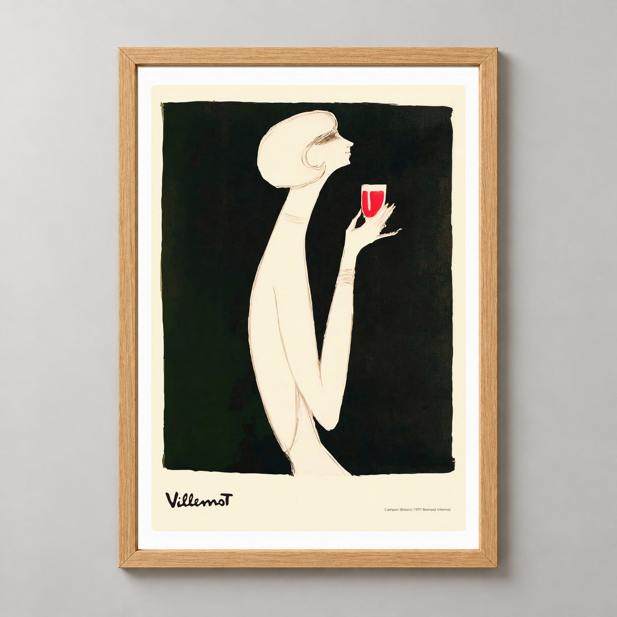 Campari (Bitter) 1977 Vintage Poster | Bernard Villemot — realistic natural wood frame studio view