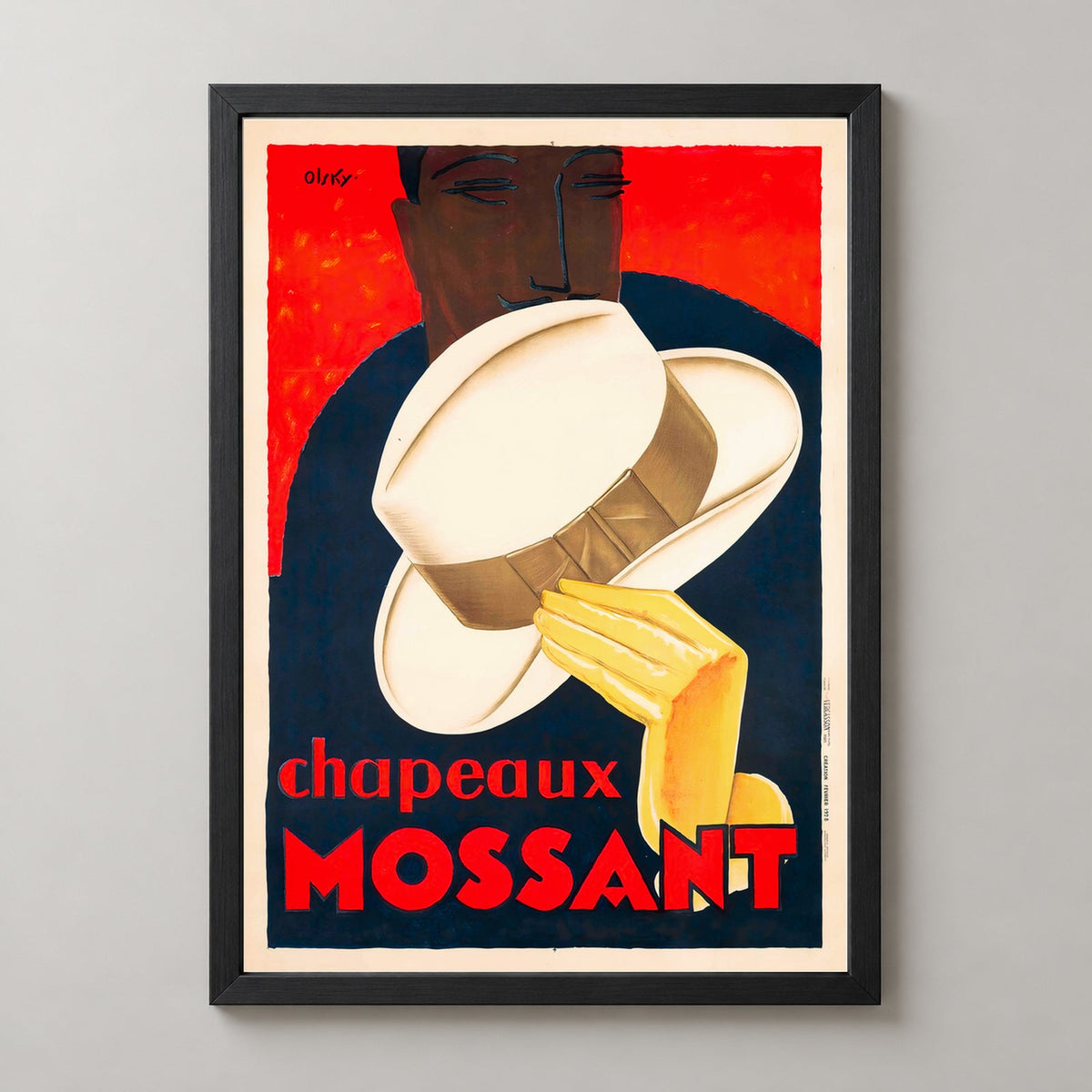 Chapeaux Mossant Vintage Advertising Poster by Olsky 1928 — realistic black frame studio view