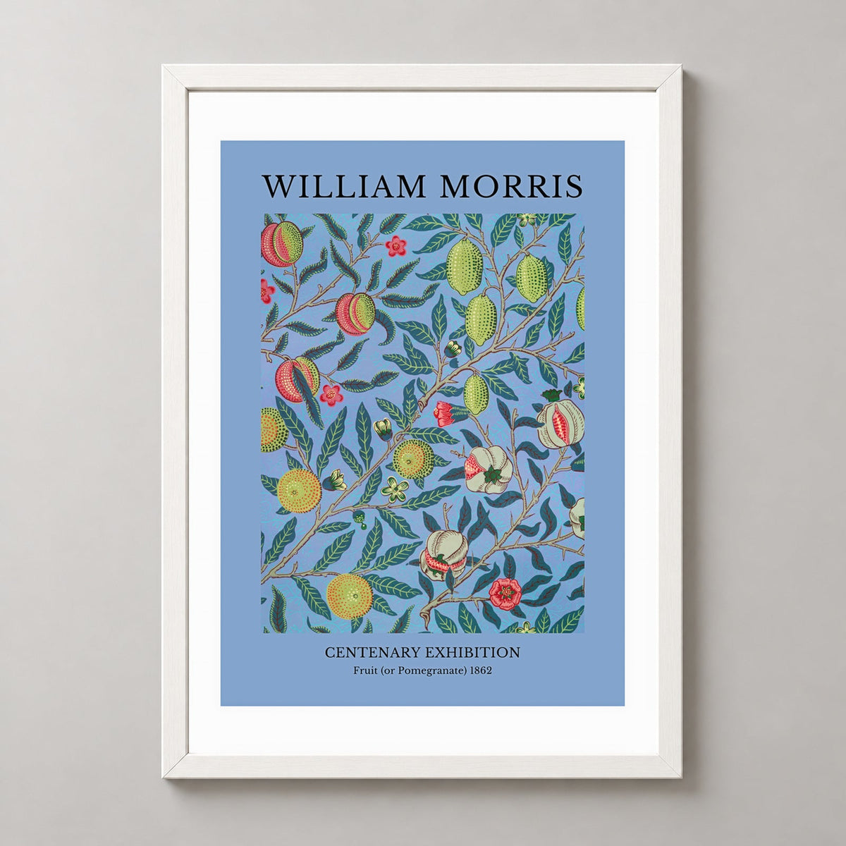 William Morris - Centenary Exhibition, Fruit (or Pomegranate) Print (1862) — realistic white frame studio view