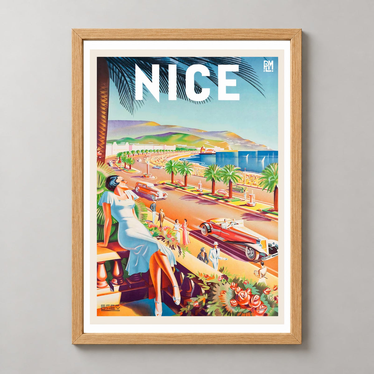 Nice French Riviera Vintage Travel Poster - Framed/Unframed — realistic natural wood frame studio view