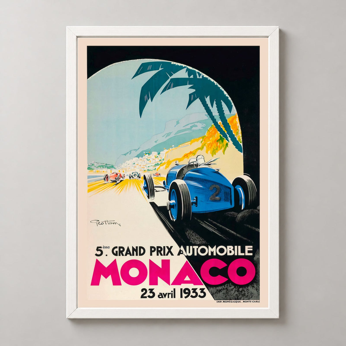 Monaco Grand Prix 1933 Vintage Racing Poster  - Framed/Unframed — realistic white frame studio view