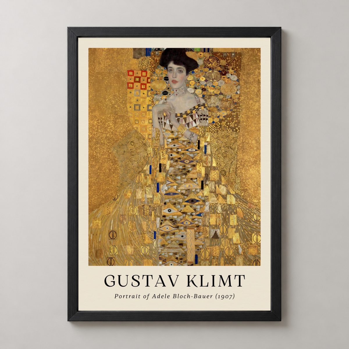 Gustav Klimt's Portrait of Adele Bloch-Bauer - Iconic Art Nouveau Masterpiece — realistic black frame studio view