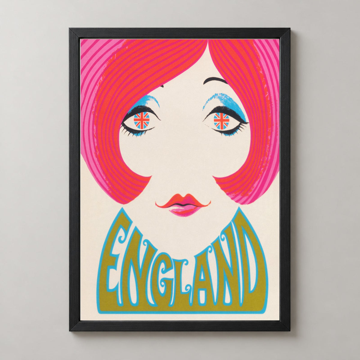 England Groovy Girl Vintage Poster - Vibrant 1960s Retro Design — realistic black frame studio view
