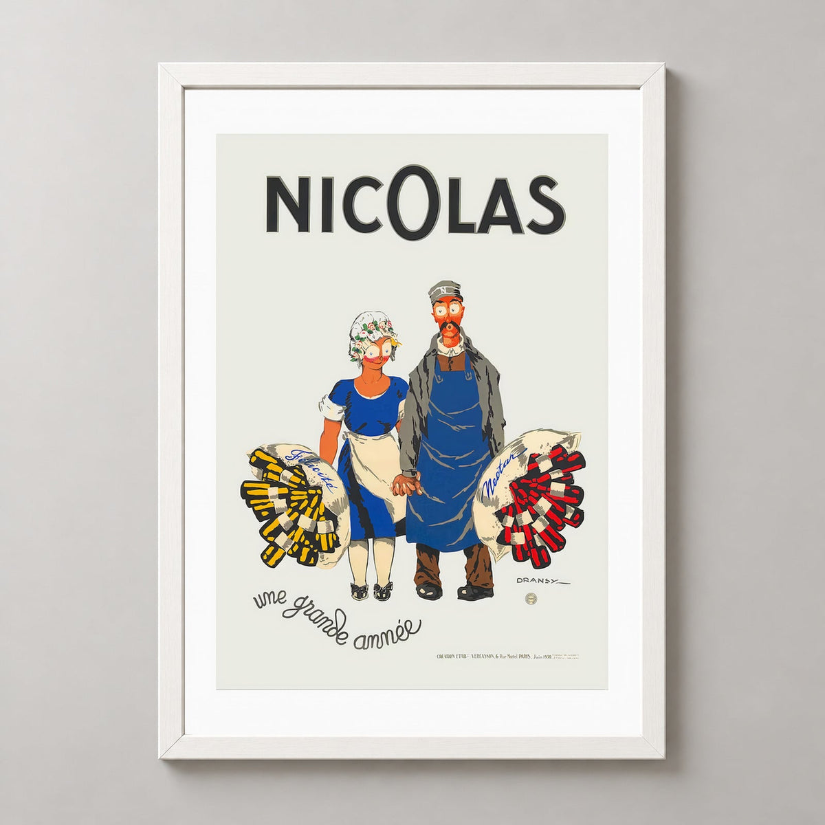 Nicolas Fine Bottles (1930) | French Vintage Poster | High-Quality Craftsmanship — realistic white frame studio view