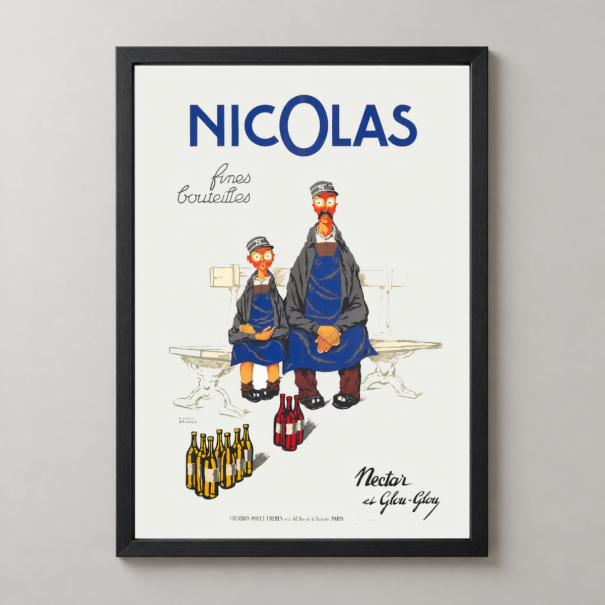 Nicolas Fine Bottles French Vintage Poster by Jules Isnard Dransy (1930) — realistic black frame studio view