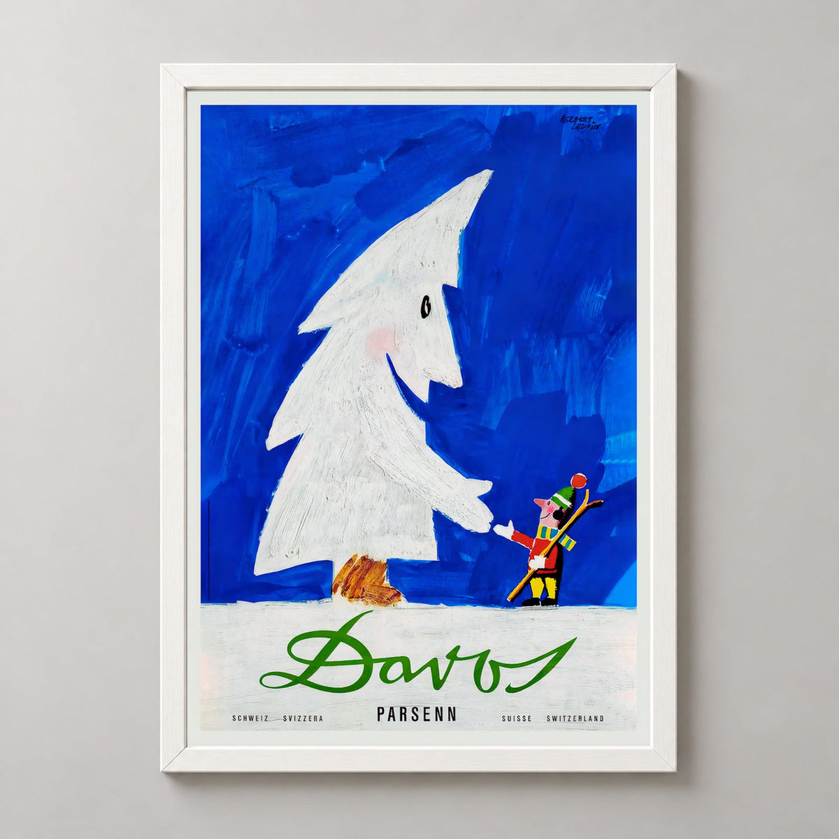 Vintage Ski Poster - Davos Parsenn Snow Tree - Swiss Alps Memorabilia — realistic white frame studio view