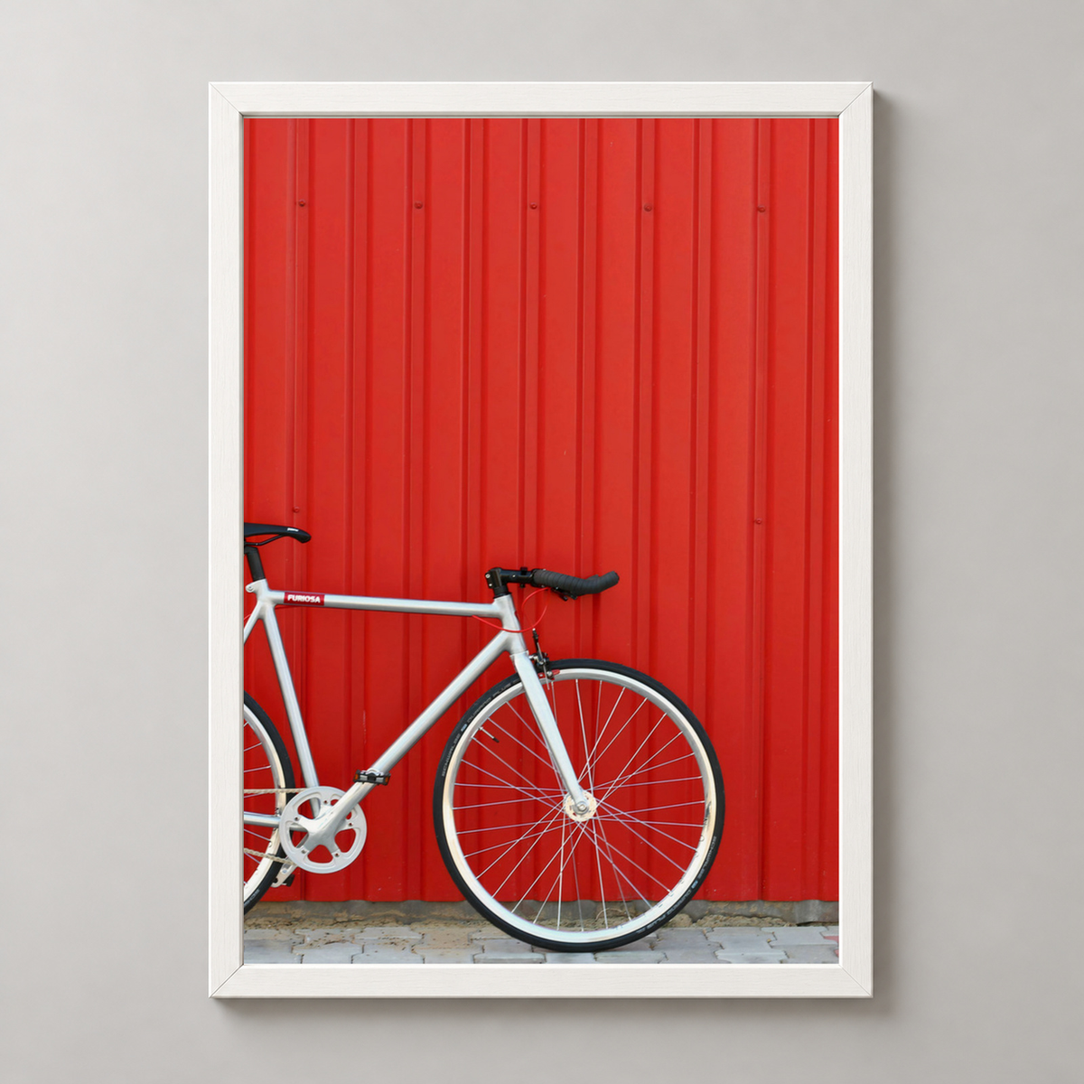 Modern Minimalist Bicycle Against Red Wall Art Print — realistic white frame studio view