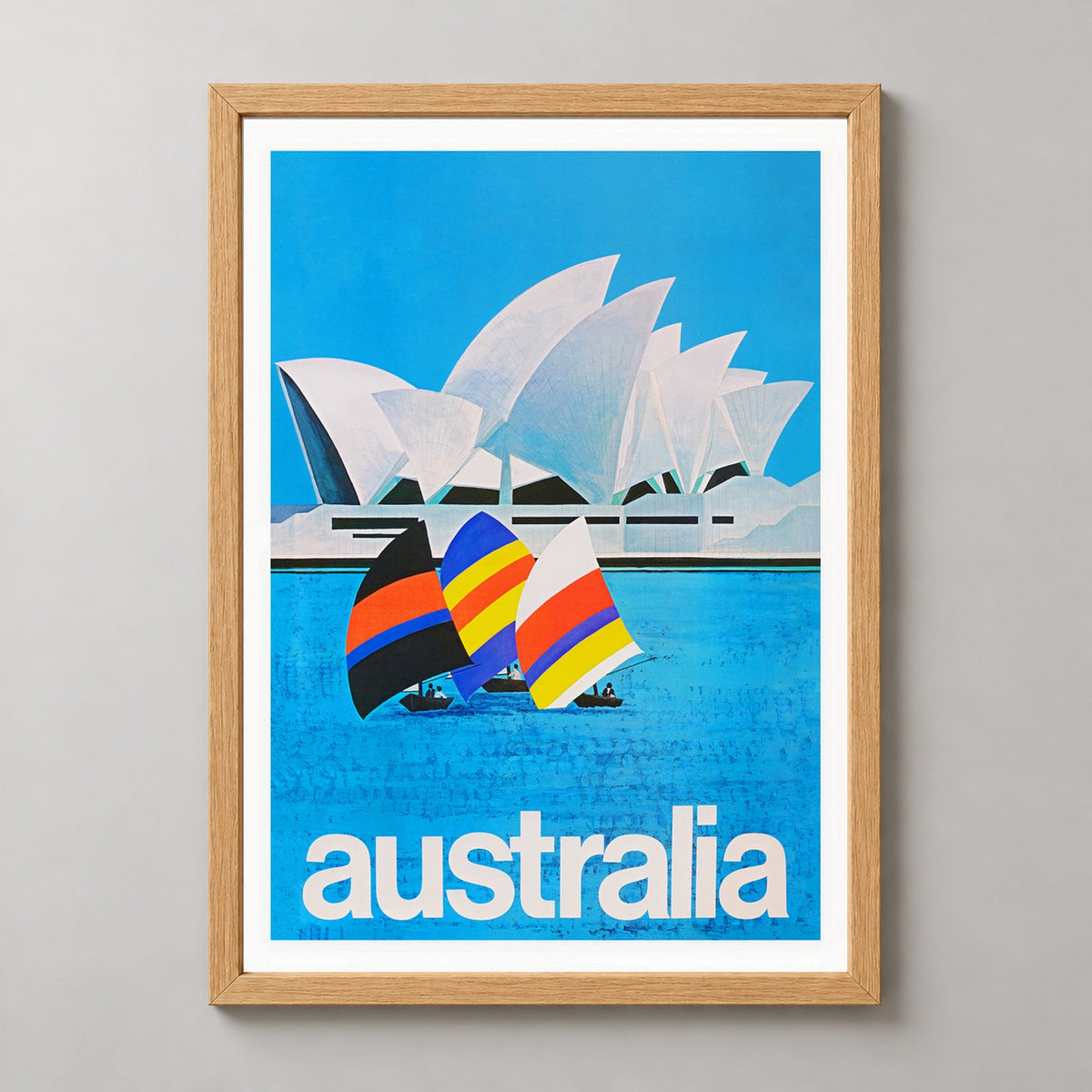 Sydney Harbour Vintage Travel Poster - Retro Australian Art Print — realistic natural wood frame studio view
