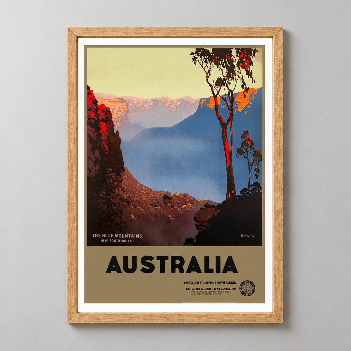 Blue Mountains NSW Vintage Australian Travel Poster — realistic natural wood frame studio view