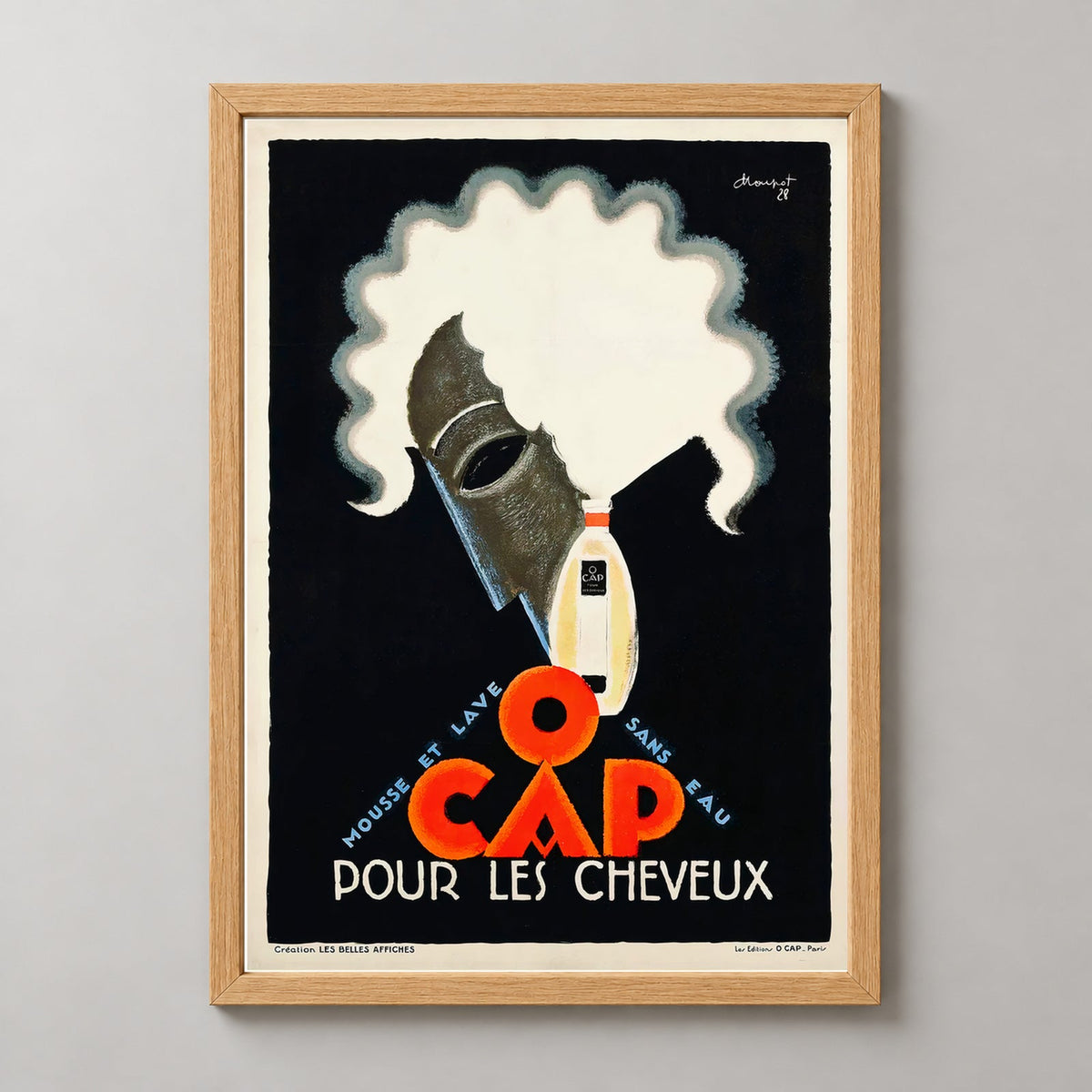 O Cap Pour Les Cheveux Vintage Advertising Poster by Charles Loupot — realistic natural wood frame studio view