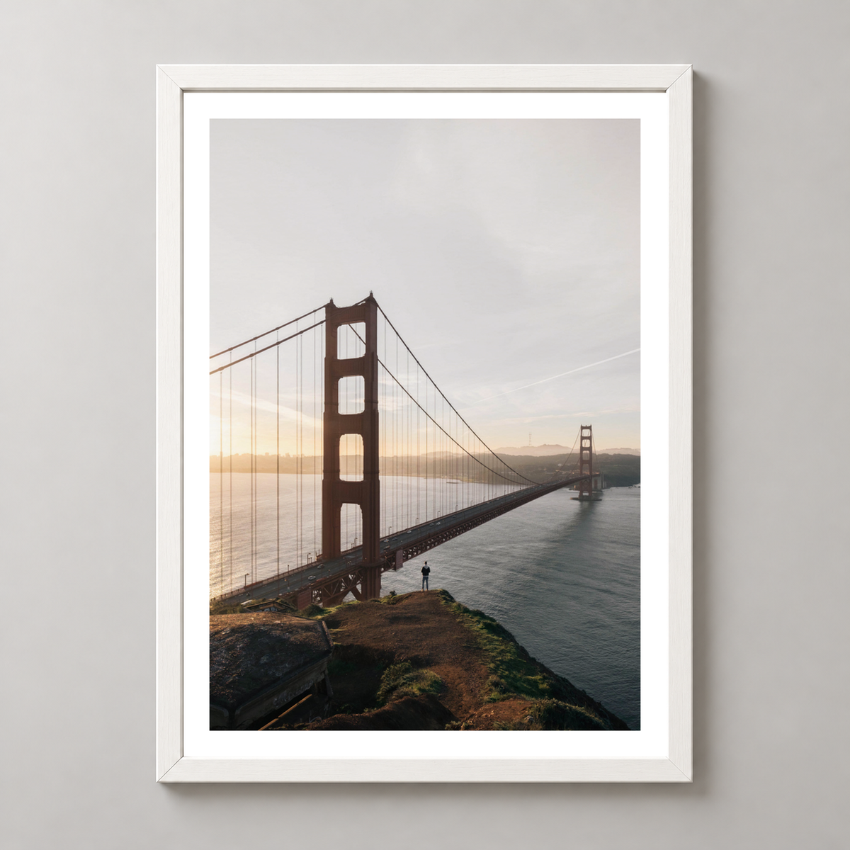 Golden Gate Bridge at Sunset - Captivating Landscape Art Print — realistic white frame studio view with white border