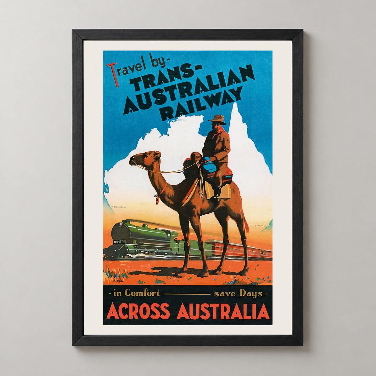 Trans Australian Railway | Outback Australia Vintage Poster — realistic black frame studio view