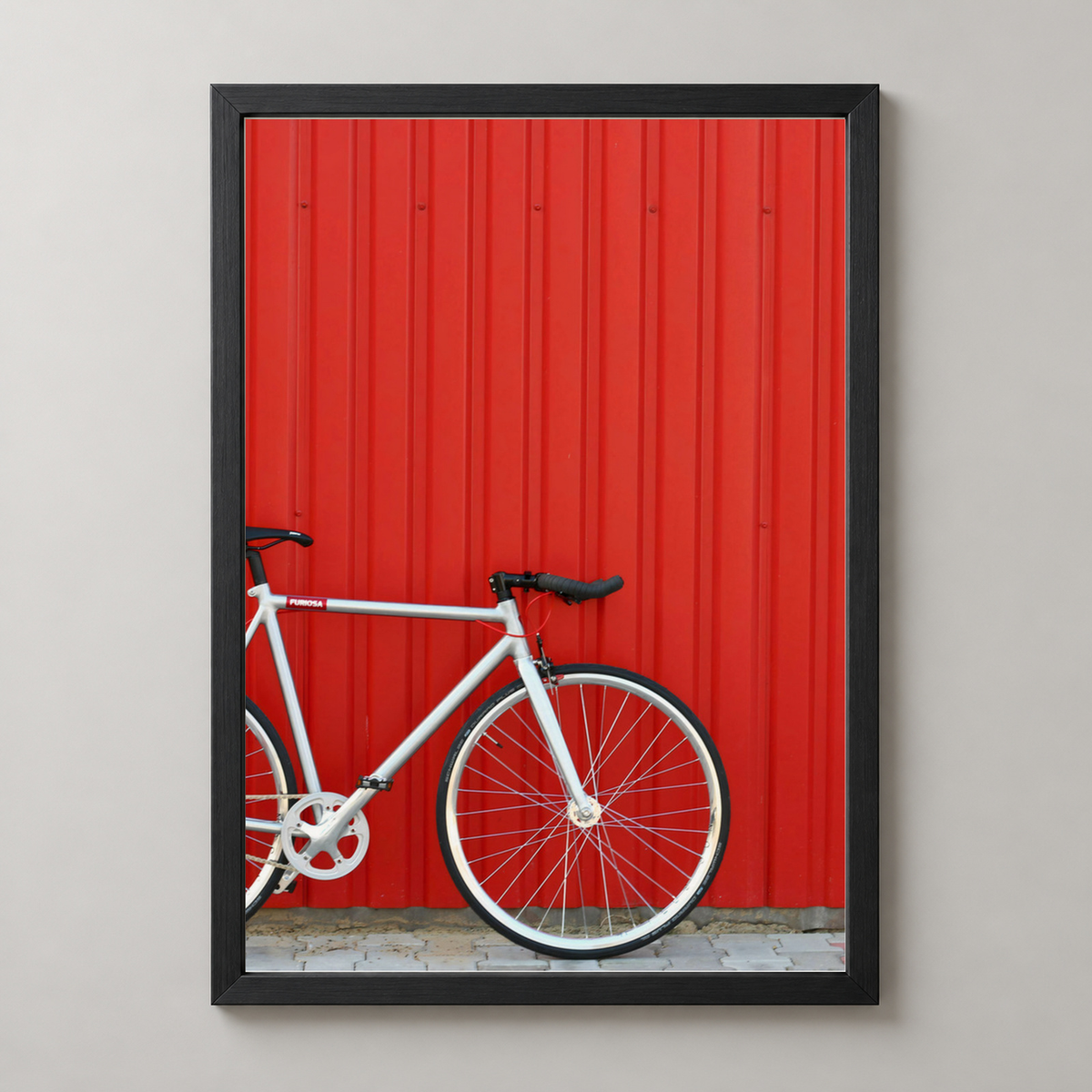 Modern Minimalist Bicycle Against Red Wall Art Print — realistic black frame studio view