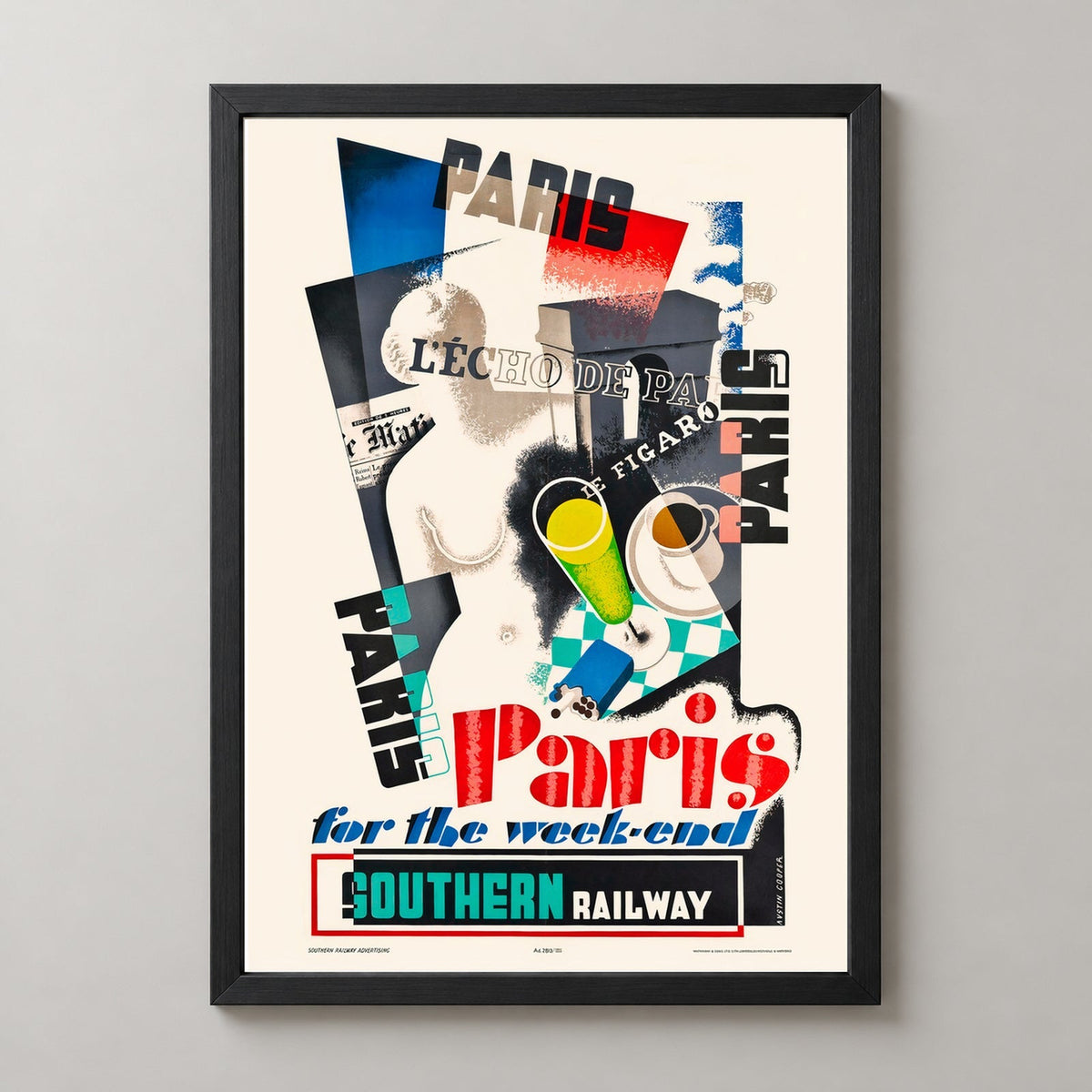 Paris For the Weekend Southern Railway Vintage Travel Poster — black frame, matching studio view