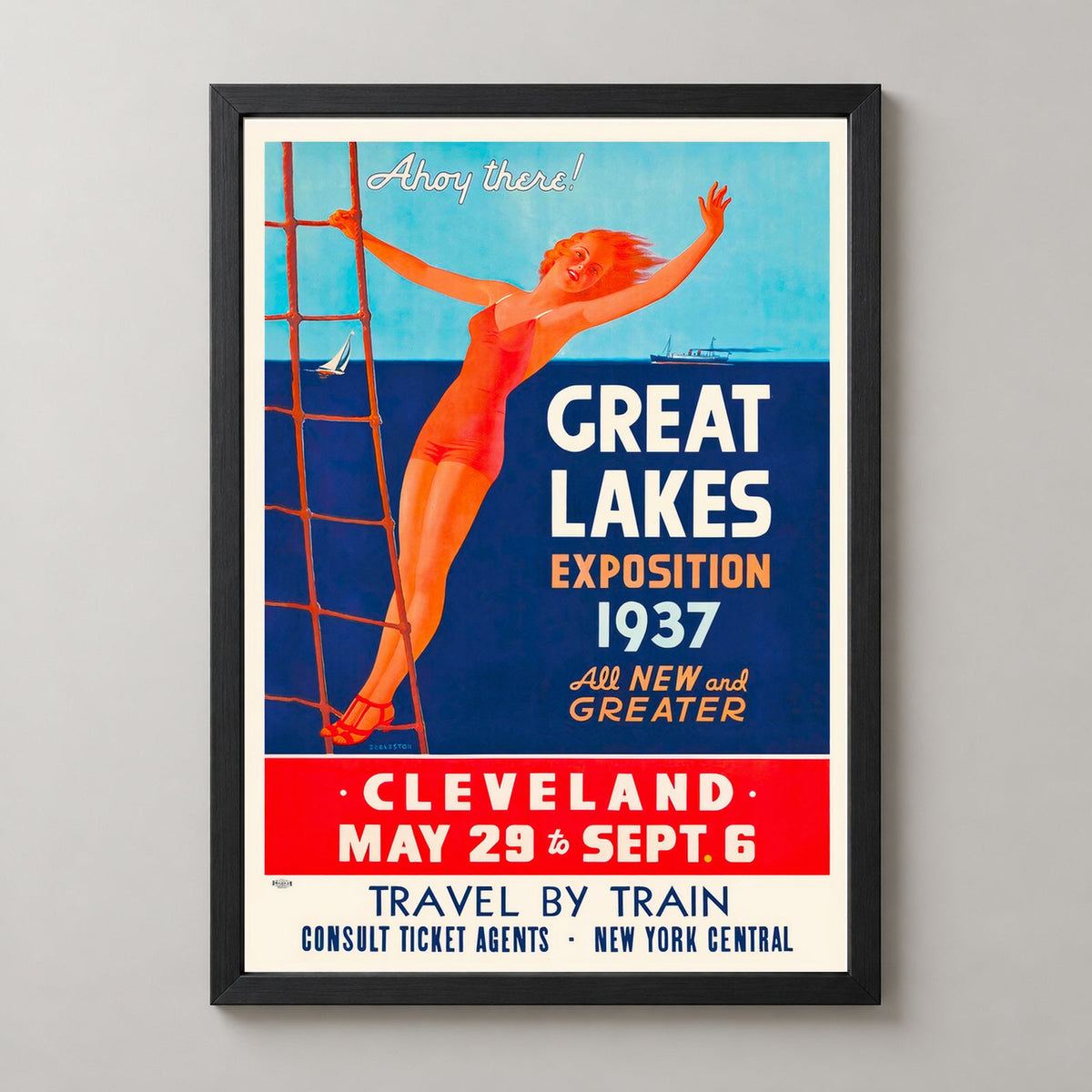 Great Lakes Exposition 1937 Cleveland Vintage Travel Poster — realistic black frame studio view
