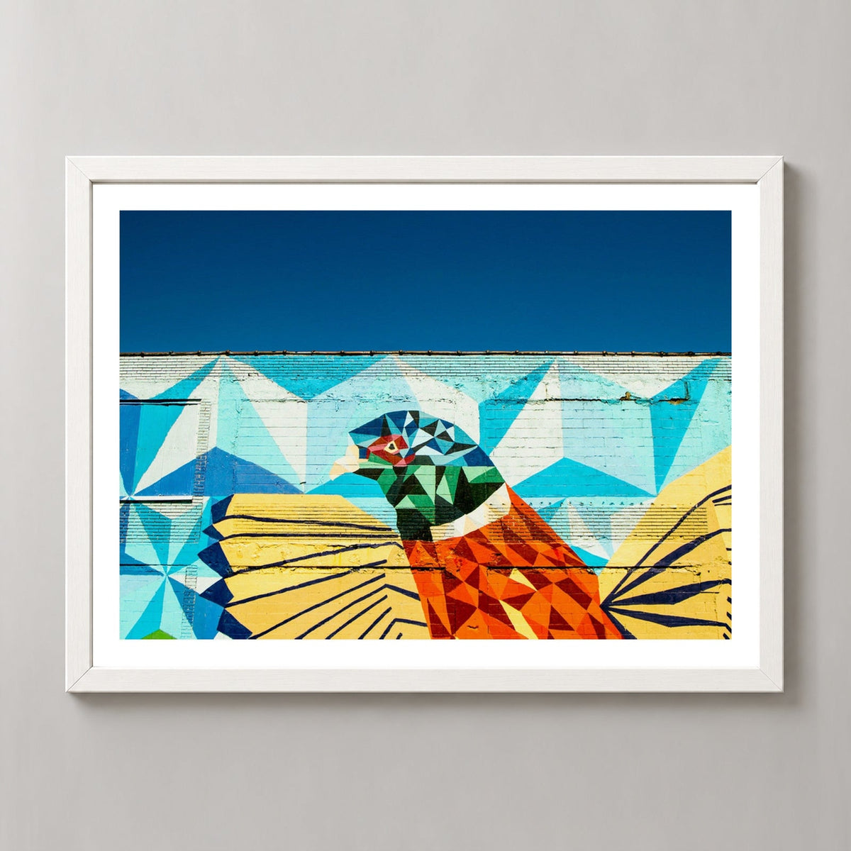 Detroit Wall Art | Colourful Bird — realistic white frame studio view with white border