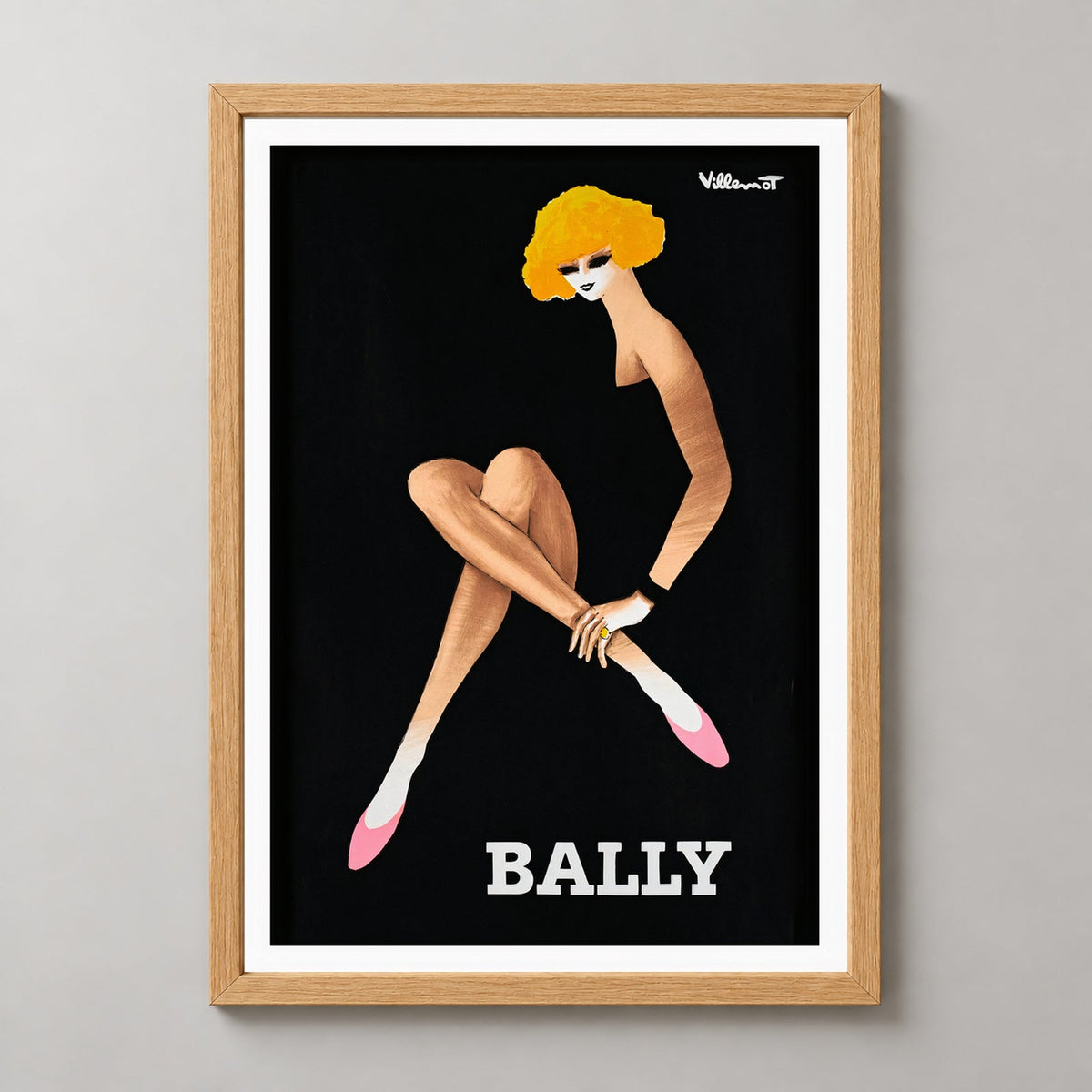 Bally Blonde Vintage Advertising Poster - Bernard Villemot — realistic natural wood frame studio view