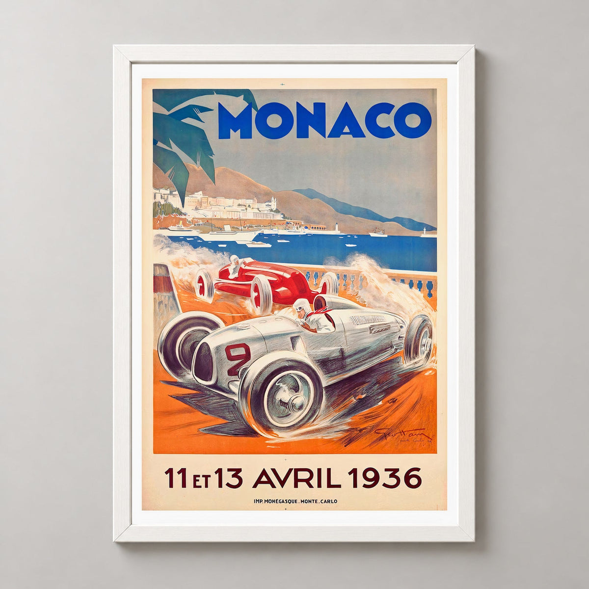 Monaco Grand Prix 1936 Vintage Racing Poster - Framed/Unframed — realistic white frame studio view
