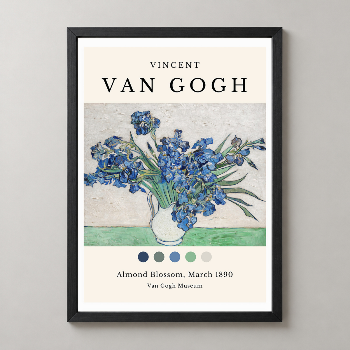 Van Gogh's Irises in Vase - Iconic Post-Impressionist Art Print — realistic black frame studio view