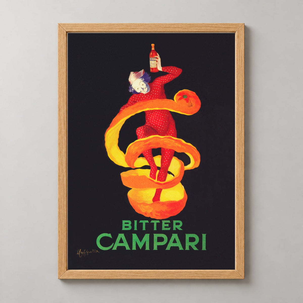 Bitter Campari Vintage Advertising Poster by Leonetto Cappiello — realistic natural wood frame studio view