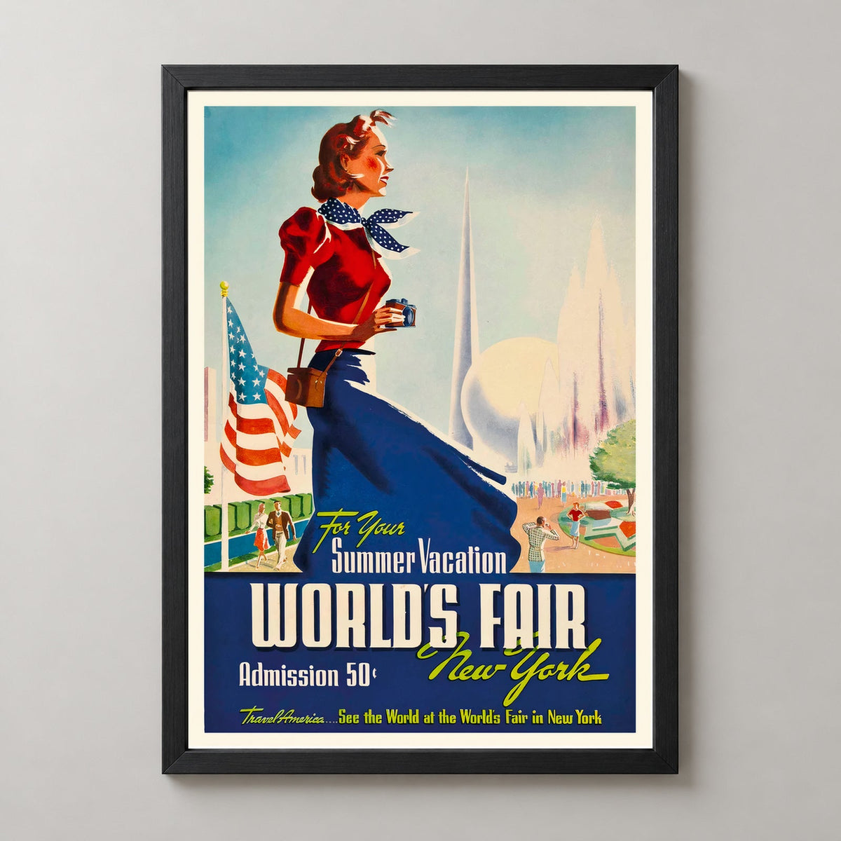 See The World's Fair New York Vintage Travel Poster — realistic black frame studio view