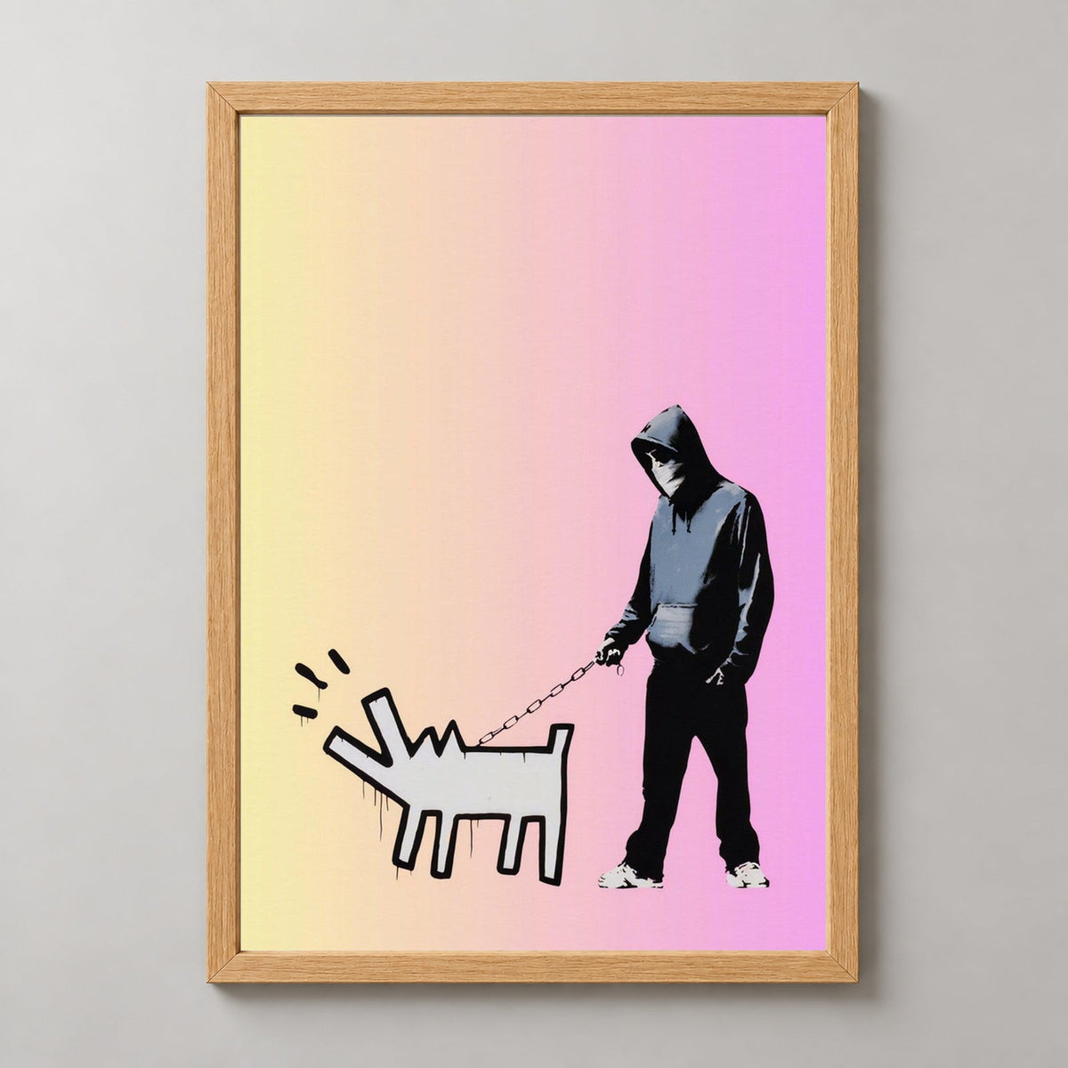 Banksy Choose Your Weapon (Yellow Pink Gradient), Special Edition 2010 — realistic natural wood frame studio view
