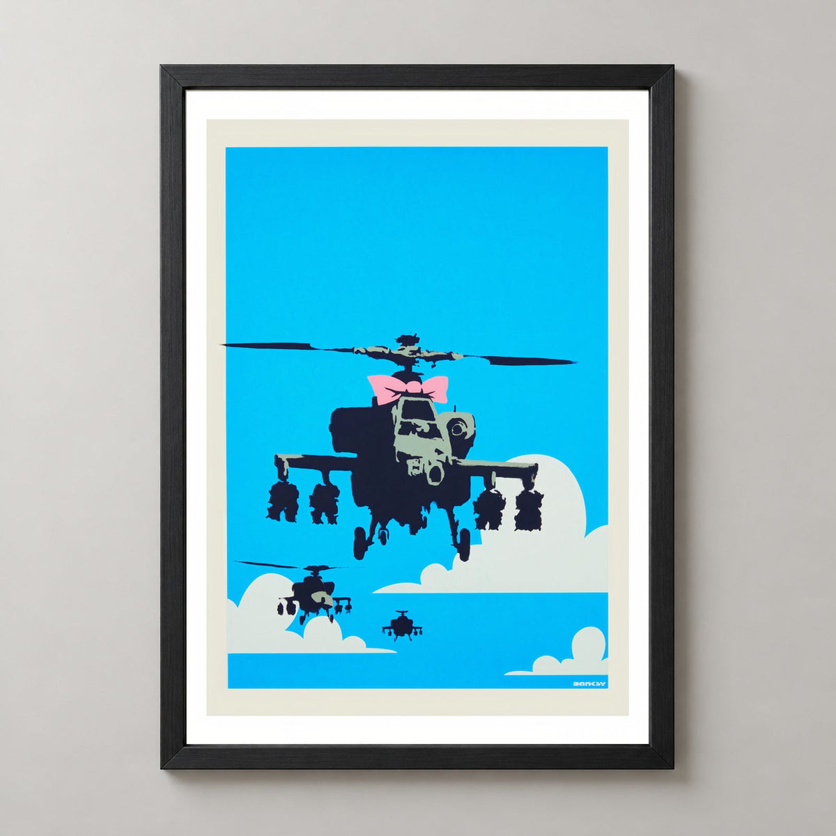 Banksy Happy Choppers, 2003 — realistic black frame studio view