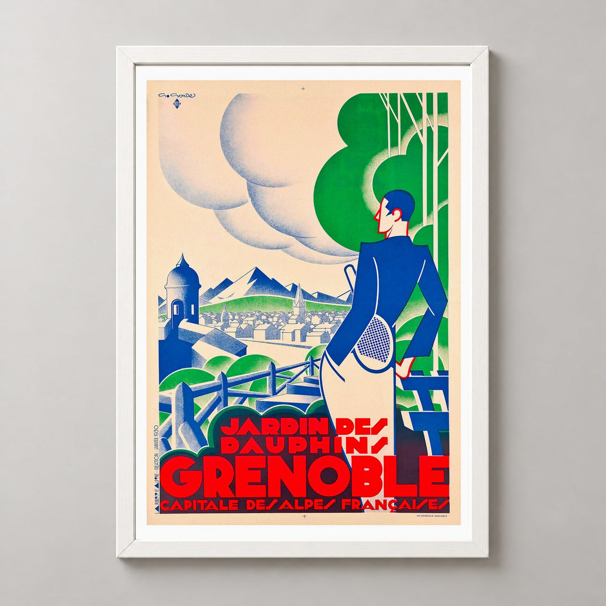 Grenoble Capital of the French Alps Vintage Travel Poster — realistic white frame studio view
