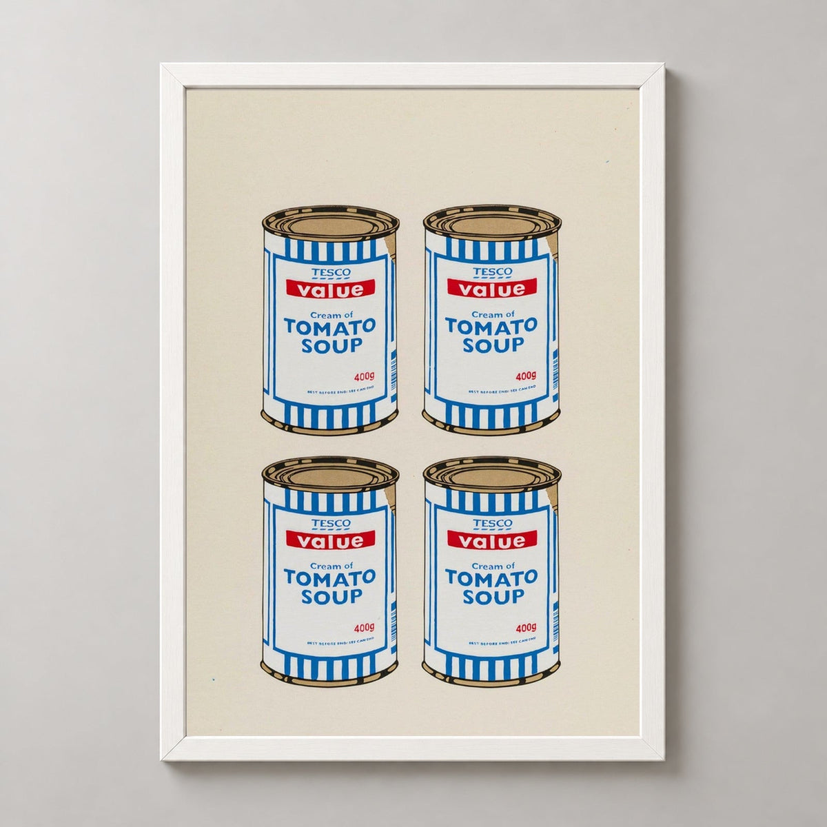 Banksy Four Soup Cans - Gold on Cream, 2005 — realistic white frame studio view