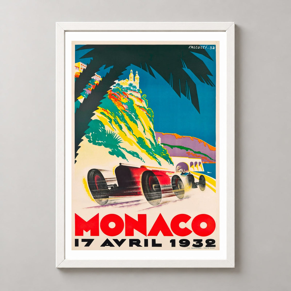 Monaco Grand Prix Racing F1 1932 Vintage Racing Poster — realistic white frame studio view