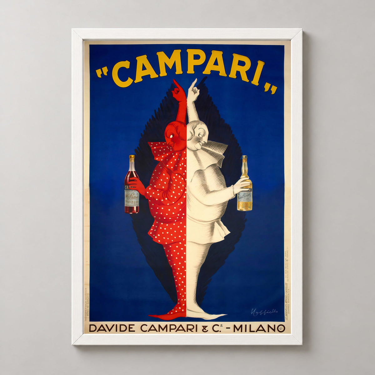 Davide Campari Clowns Red and White Art Nouveau Poster — realistic white frame studio view