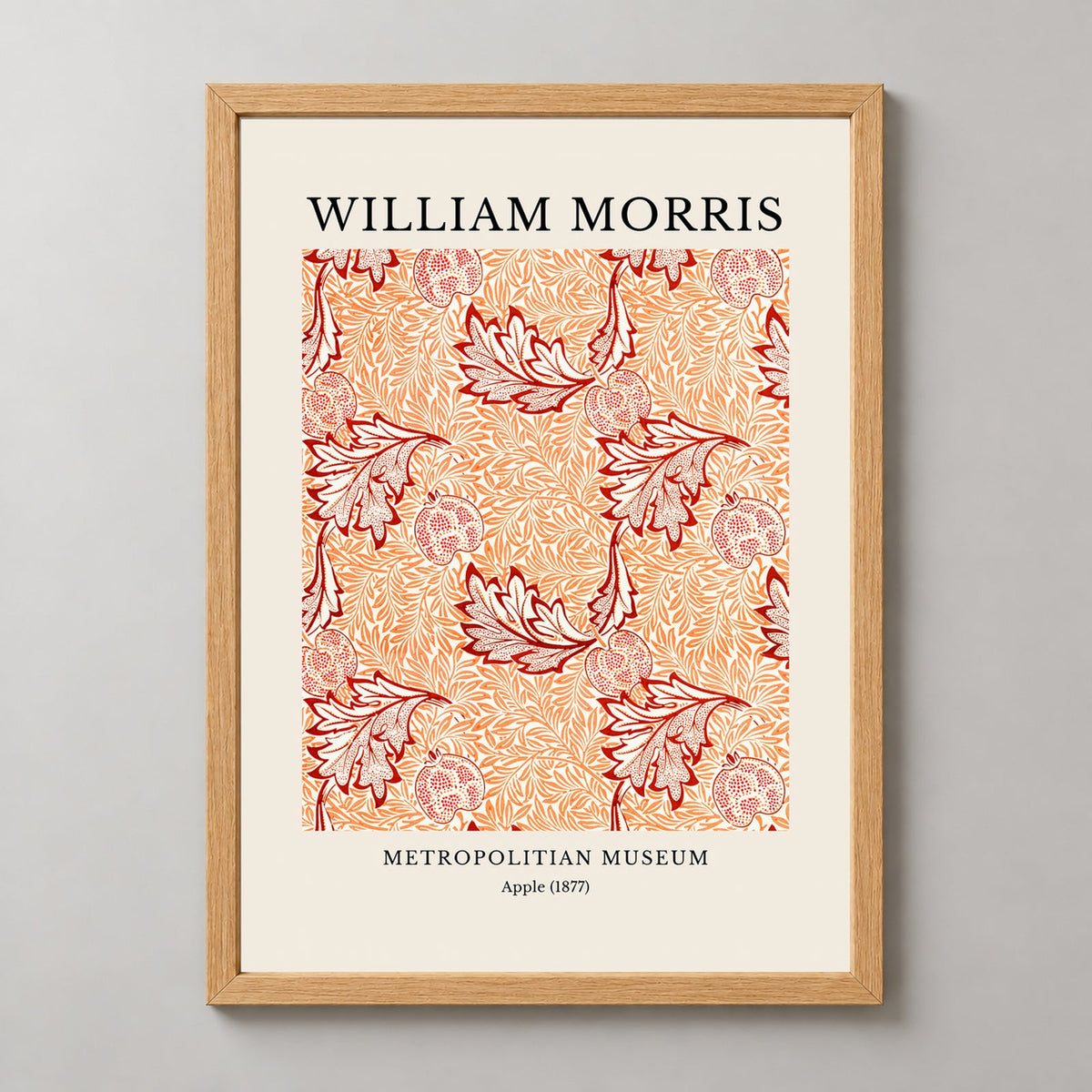 William Morris - Metropolitan Museum, Apple Print (1877) — realistic natural wood frame studio view