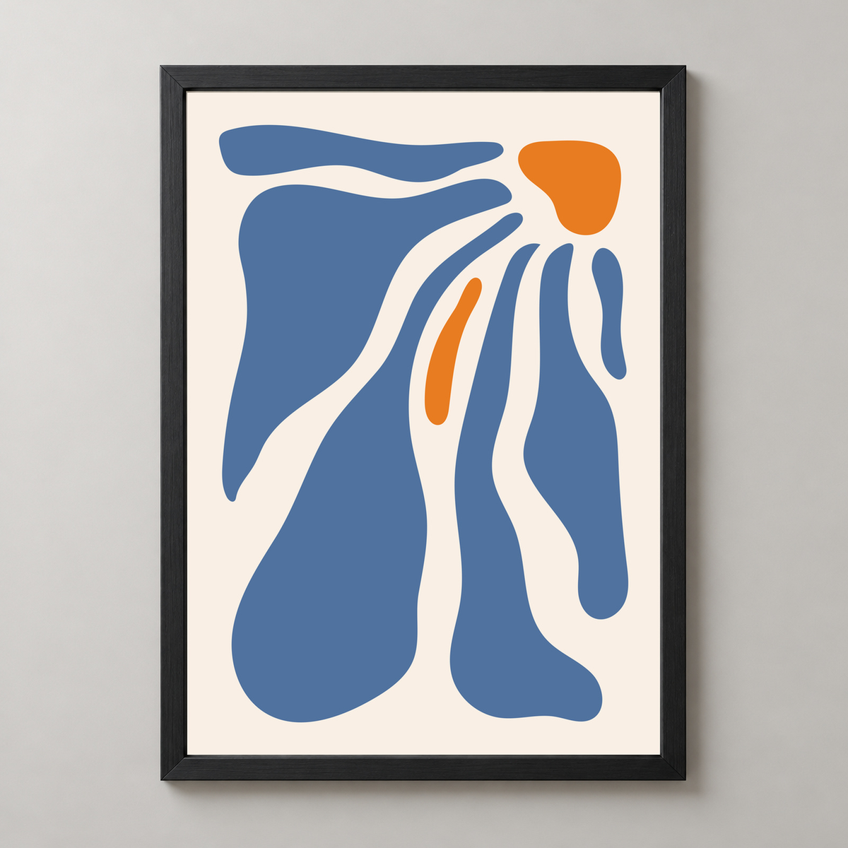 Abstract Flowing Forms Art Print - Blue and Orange Minimalist Design — realistic black frame studio view
