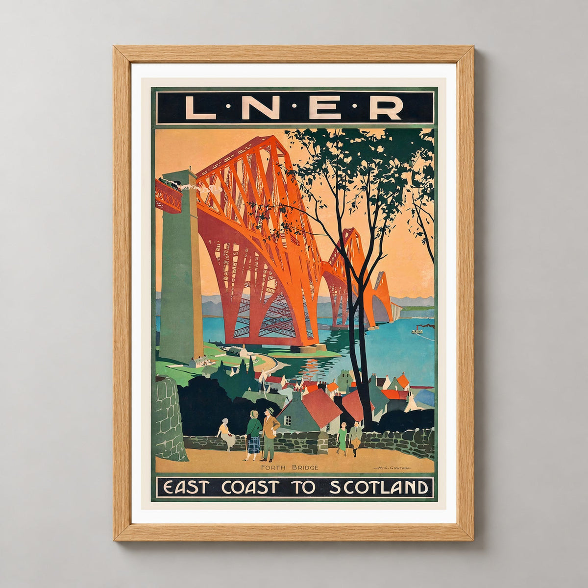 Forth Bridge East Coast to Scotland Vintage Travel Poster — realistic natural wood frame studio view