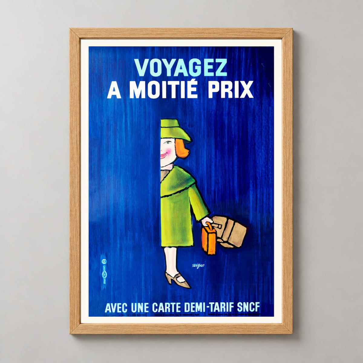 Voyagez A Moitie Prix SNCF - French Vintage Advertising Poster — realistic natural wood frame studio view
