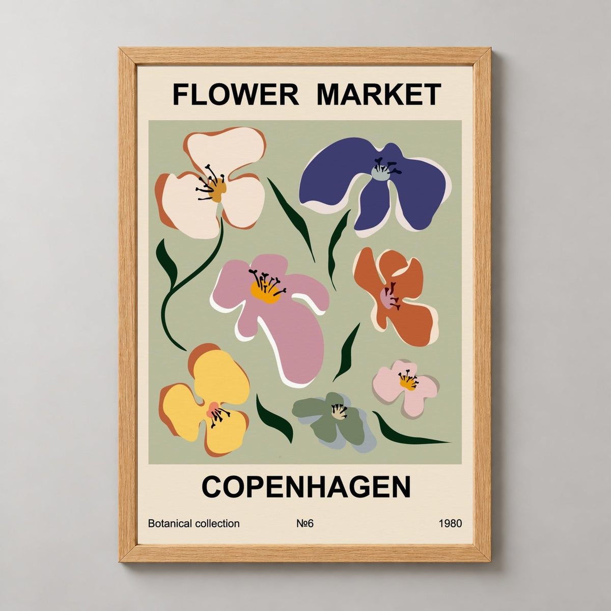 Flower Market Copenhagen 1980 — realistic natural wood frame studio view