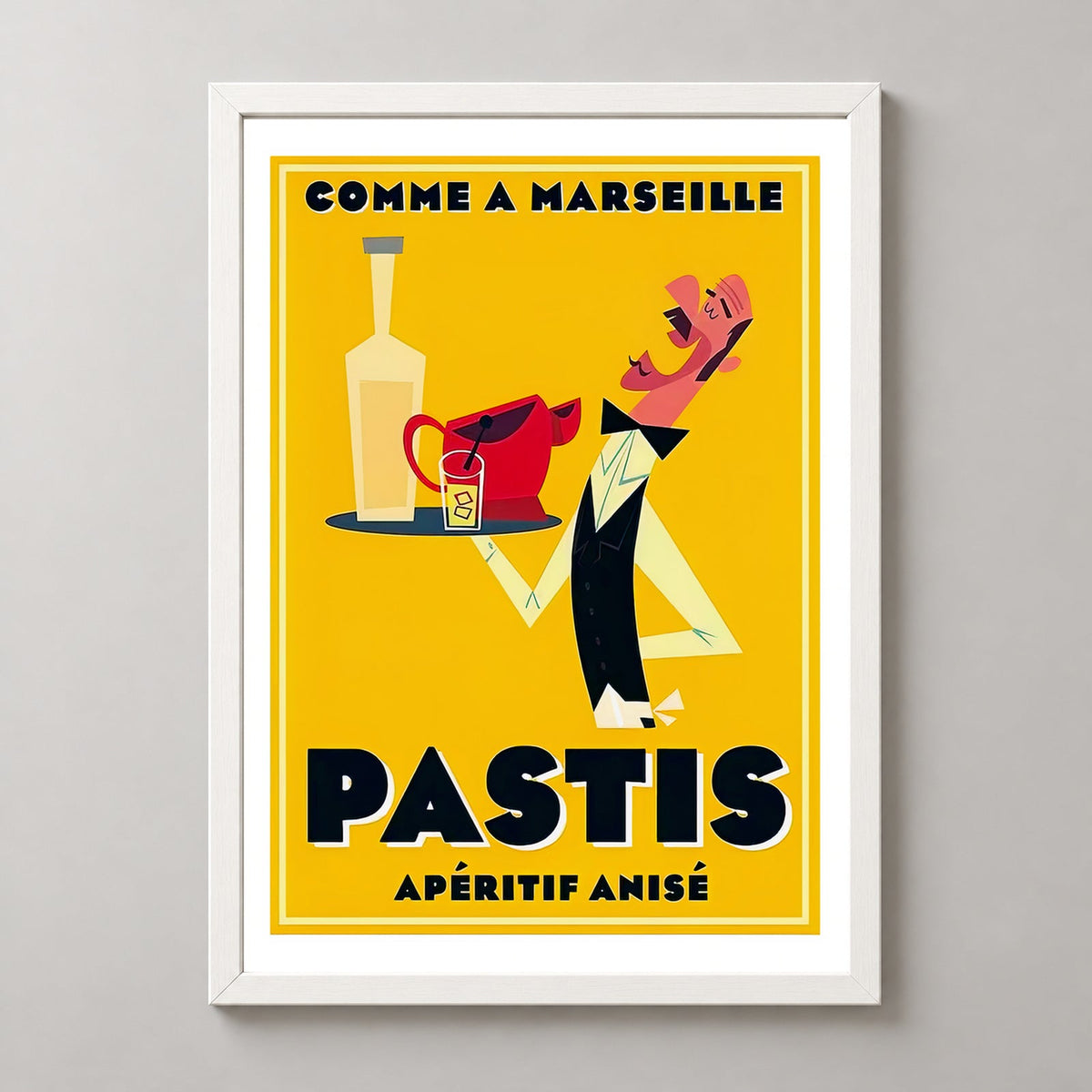 Comme et Marseilles Pastis Retro Print- French Vintage Poster — realistic white frame studio view