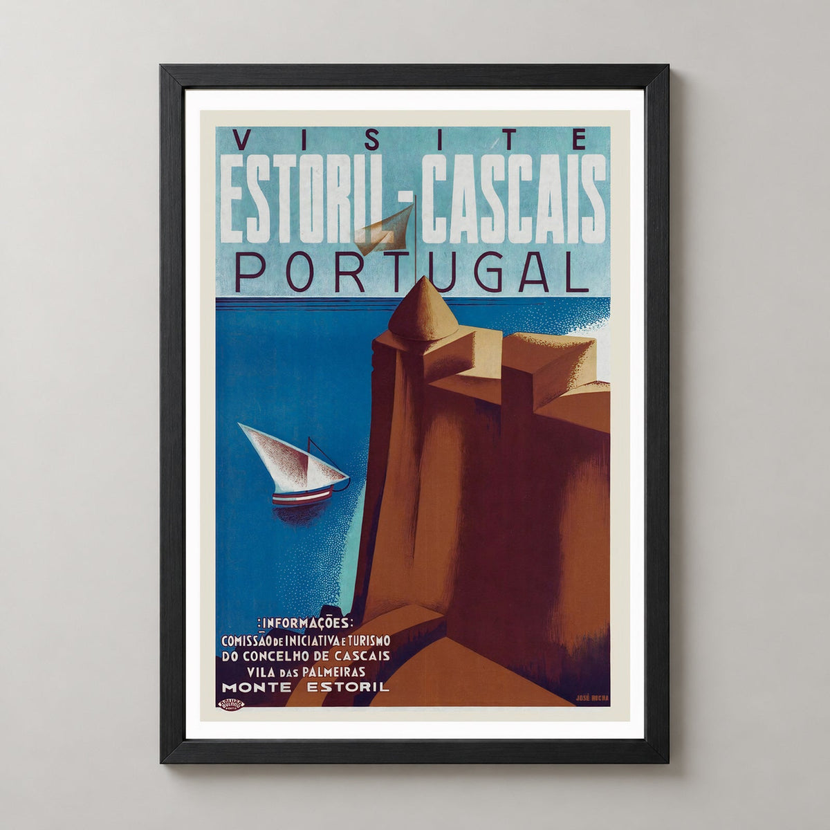 Estoril Cascais Portugal Vintage Travel Poster - Captivating Coastal Charm — realistic black frame studio view